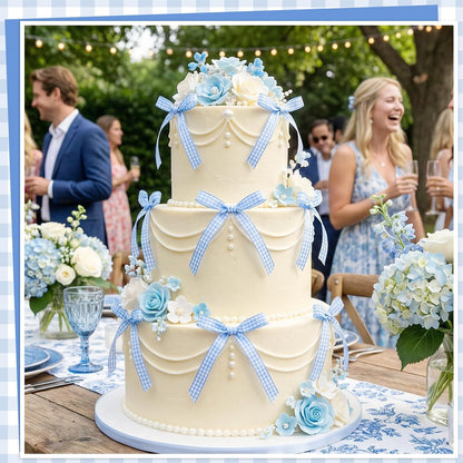 Skiennix 30 Pack Bow Cake Toppers - Blue Gingham Ribbons for Birthday & Baby Shower Decor