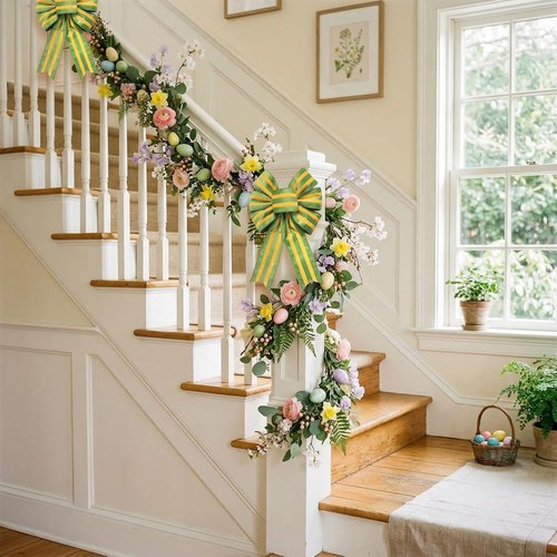 Hying Easter Wreath Bows - 2-Piece Yellow Green Stripes Burlap Decor for Front Door Celebrations