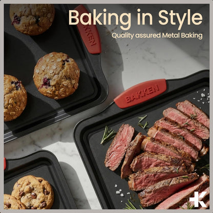 Bakkenmaster Baking Set - 8-Piece Non-Stick Bakeware with Red Silicone Handles - Carbon Steel, PFOA Free