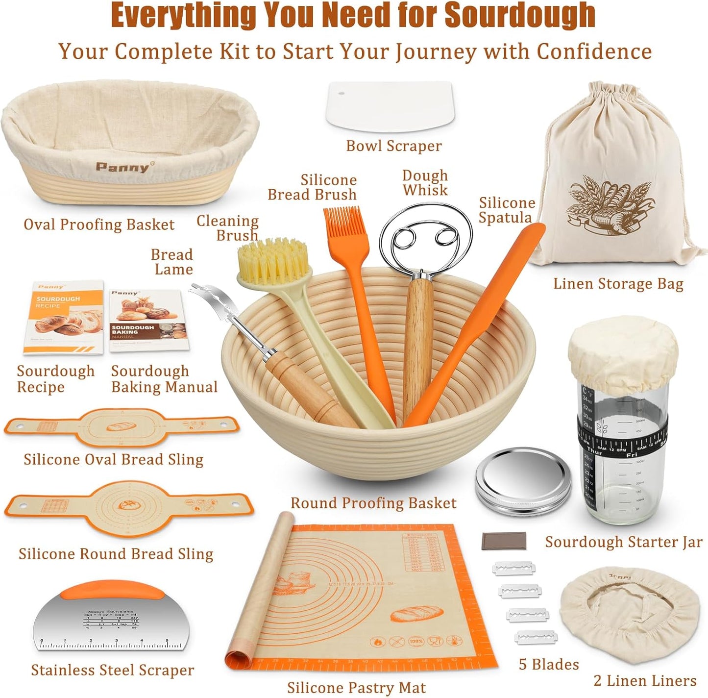 Panny Sourdough Starter Kit - Complete Bread Baking Supplies with Banneton Baskets & Glass Jar | 9" Round & 10" Oval