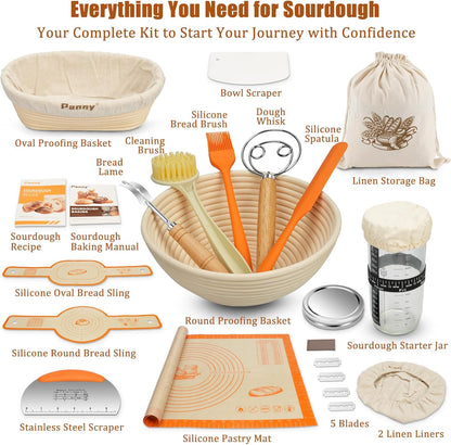 Panny Sourdough Starter Kit - Complete Bread Baking Supplies with Banneton Baskets & Glass Jar | 9" Round & 10" Oval