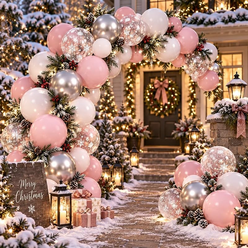 Pink and Silver Balloons 50 Pcs Snowflake Winter Wonderland — Variation Pink White Snowflake