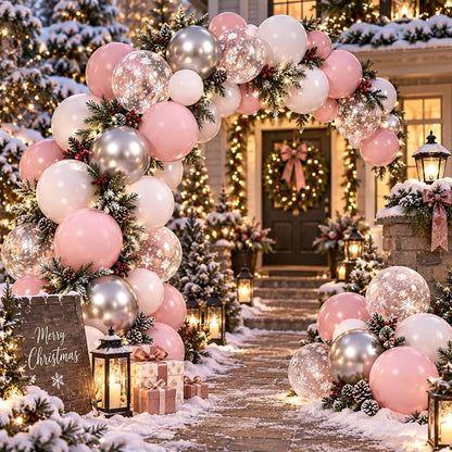 Pink and Silver Balloons 50 Pcs Snowflake Winter Wonderland — Variation Pink White Snowflake