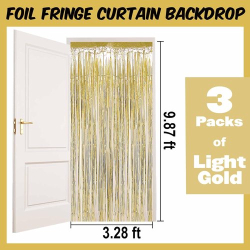 Light Gold Foil Fringe Curtains by [Brand Name] - 3 Pack Metallic Streamers for Photo Booths & Parties | 3.28 x 9.8 Ft