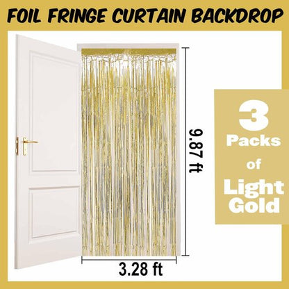 Light Gold Foil Fringe Curtains by [Brand Name] - 3 Pack Metallic Streamers for Photo Booths & Parties | 3.28 x 9.8 Ft