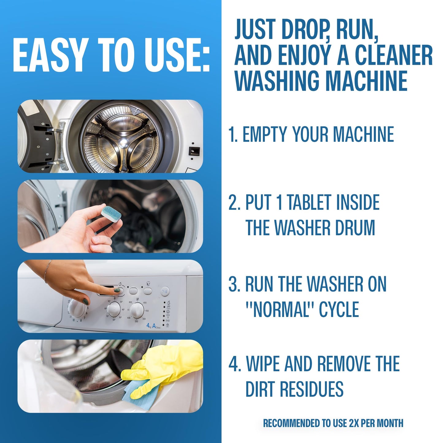 Sudstainables Washing Machine Cleaner Tablets (24-Pack) – Deep Clean Odor & Residue Remover for Front & Top Load Washers, HE & Septic Safe Washing Machine Tub Cleaner for Long-Lasting Freshness