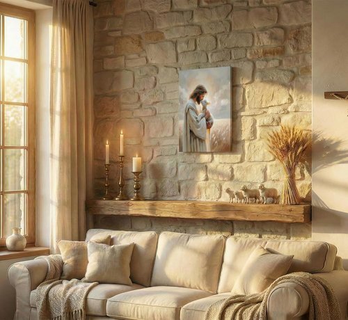 Jesus Holding Lamb Canvas Wall Art - Framed Christian Decor for Home | 12x16in Good Shepherd Painting