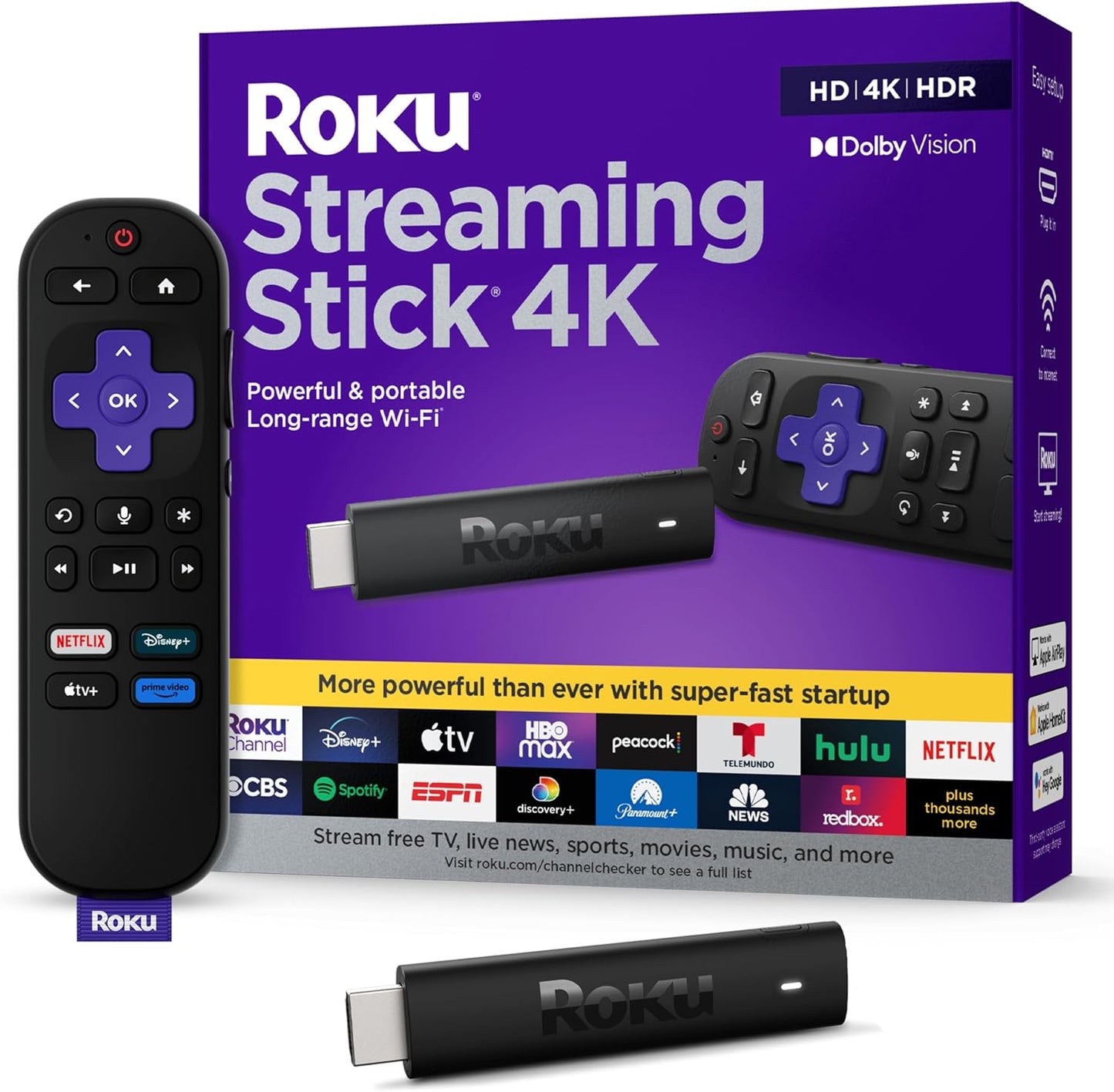 Roku Streaming Stick 4K - HDR & Dolby Vision Streaming Device with Voice Remote & Long-Range Wi-Fi