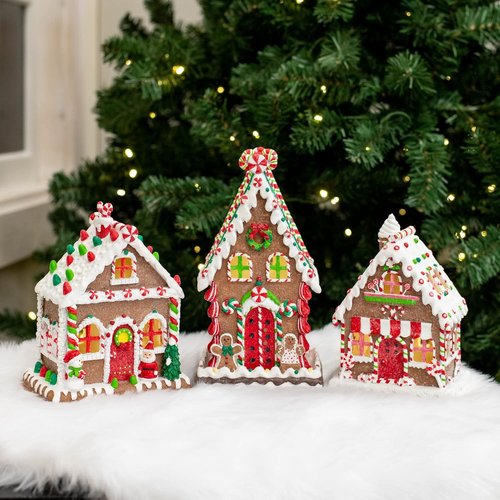 Mark Feldstein & Associates Gingerbread Village Tea Light Figurines - Red Porcelain Set of 3 (8 Inch)