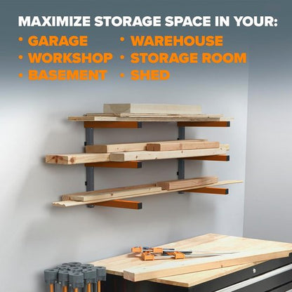 BORA 3-Level Wood Storage Rack - Heavy-Duty Wall-Mounted Shelf for Garage | 300 lb Capacity, Orange/Black