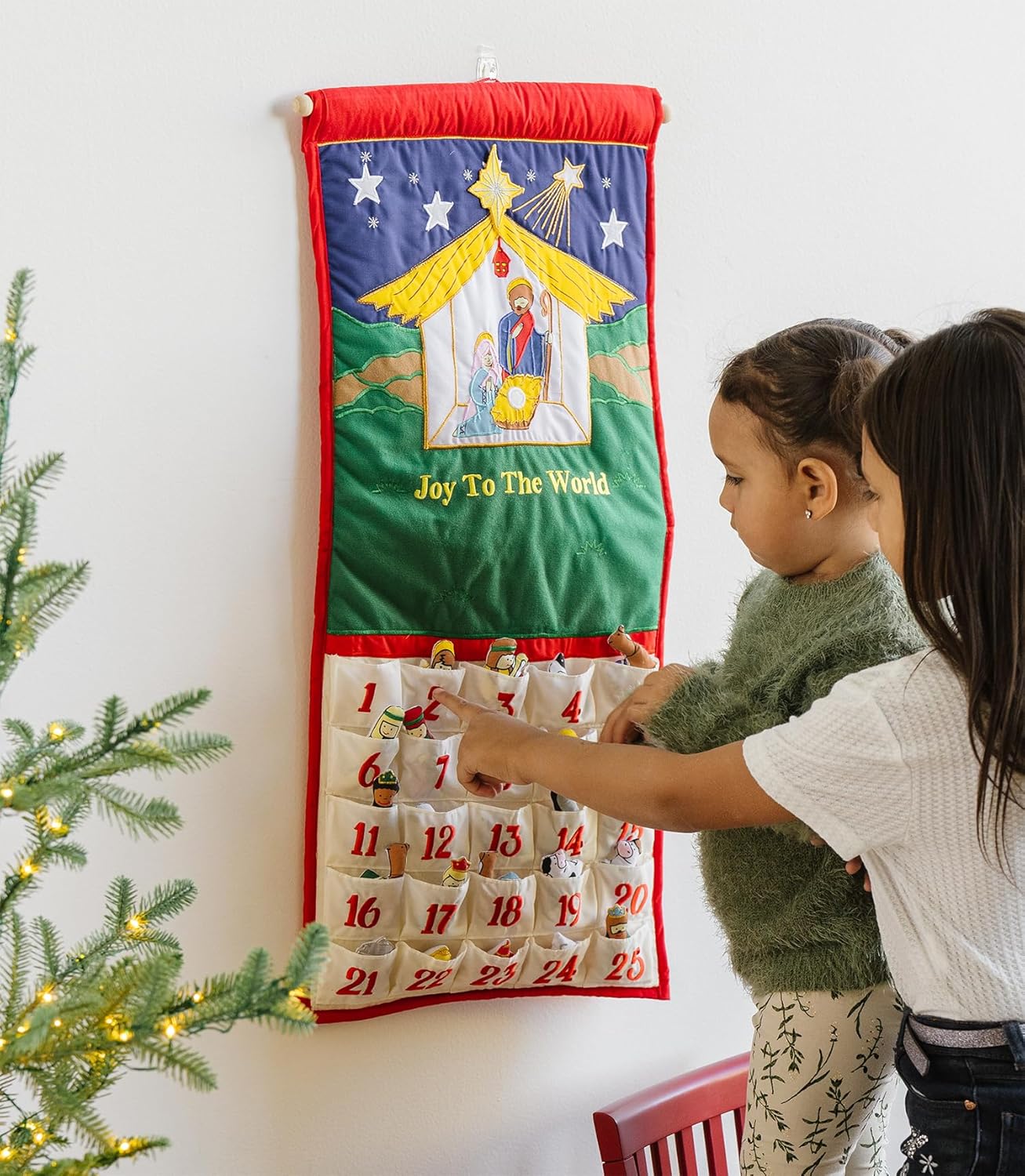 Pockets of Learning Joy To The World Nativity Advent Calendar - Festive Fabric Countdown Wall Hanging