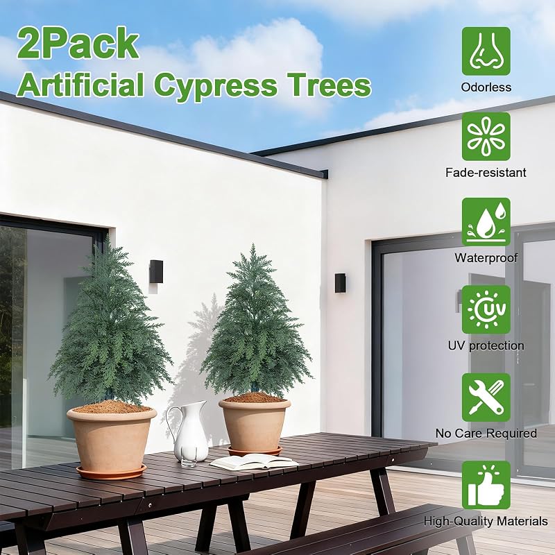 2FT Artificial Topiary Cedar Trees with Pot – 2 Pack, Faux Plants