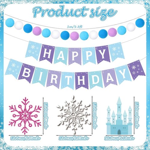 Fanfanwin Snowflake Birthday Banner Set - 5 Pcs Blue Snowflake Design with Felt Castle Decorations