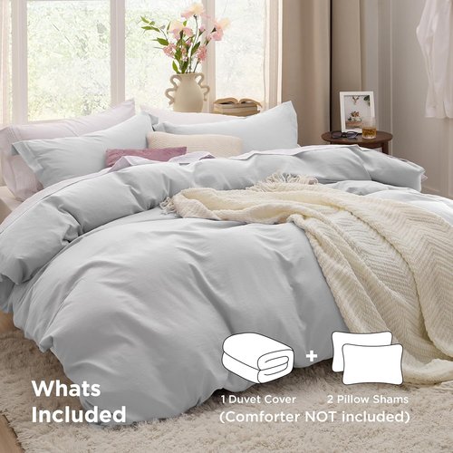 Bedsure Duvet Cover Set - Light Grey Full Size, 3 Pieces of Extra Soft Cotton-Like Polyester with Zipper Closure & Pillow Shams