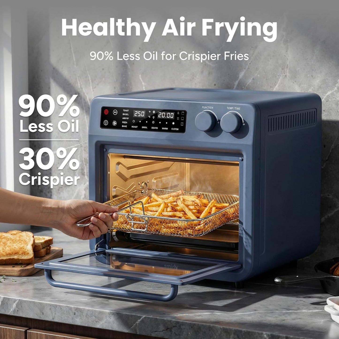 SMIRLY Digital Air Fryer Toaster Oven - 27QT Convection Oven | 10-in-1 Multi-Function, Fits 12" Pizza & 6 Slices of Toast, Stainless Steel, Blue
