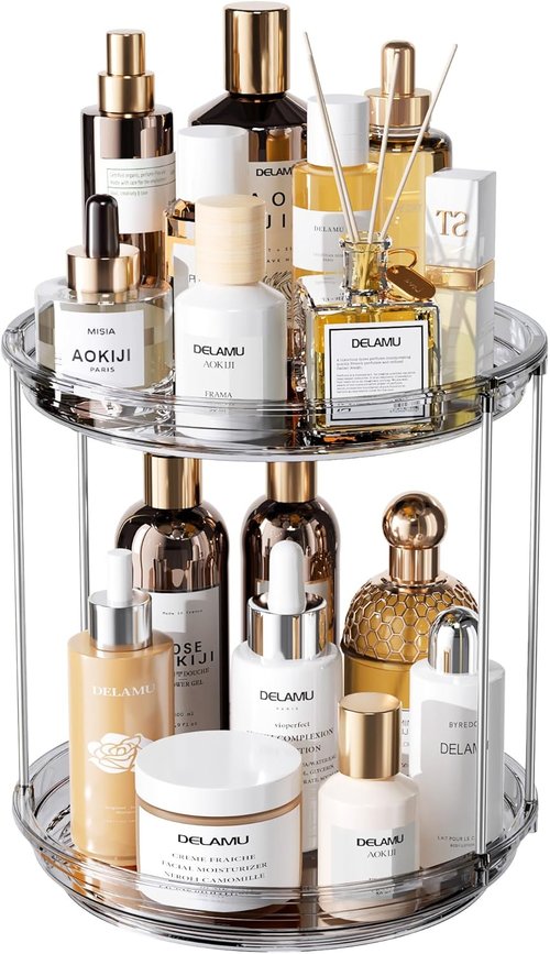 Delamu 2-Tier Rotating Makeup Organizer - Large Capacity Skincare & Perfume Holder | Grey