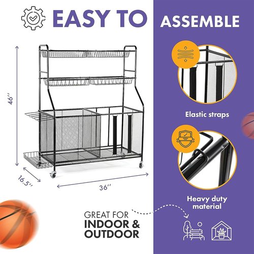 HOME IT Garage Sports Equipment Organizer - Heavy-Duty Ball Storage Rack with Rolling Wheels & Baskets | Large Capacity