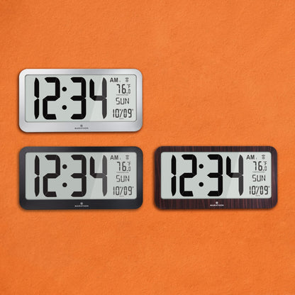 MARATHON Slim Jumbo Panoramic Atomic Wall Clock with Date & Temperature, Wood Grain - Large 17-Inch Display - AM/PM or 24-Hour Time Format, Eight Time Zones - Four AA Batteries Included