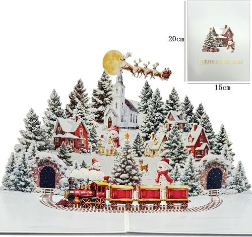 3D Pop Up Card - Winter Night Town Snowman Design | Handmade Holiday Greeting Card