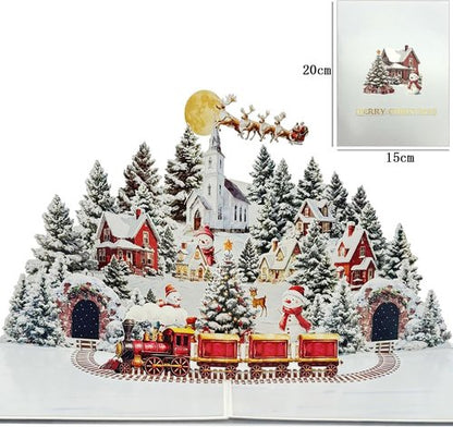 3D Pop Up Card - Winter Night Town Snowman Design | Handmade Holiday Greeting Card
