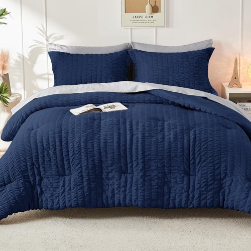 HYMOKEGE Navy Blue/Light Grey California King Comforter Set Seersucker 7 Pieces, All Season Luxury Bed in a Bag for Bedroom, Bedding Set with Comforter, Sheets, Pillowcases & Shams
