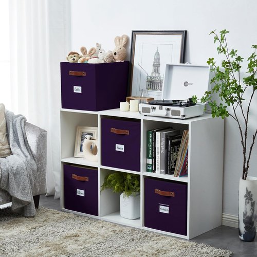 DECOMOMO Storage Baskets - 13x15x13 Cube Bins with Labels for Organized Shelves | Deep Violet (Set of 4)