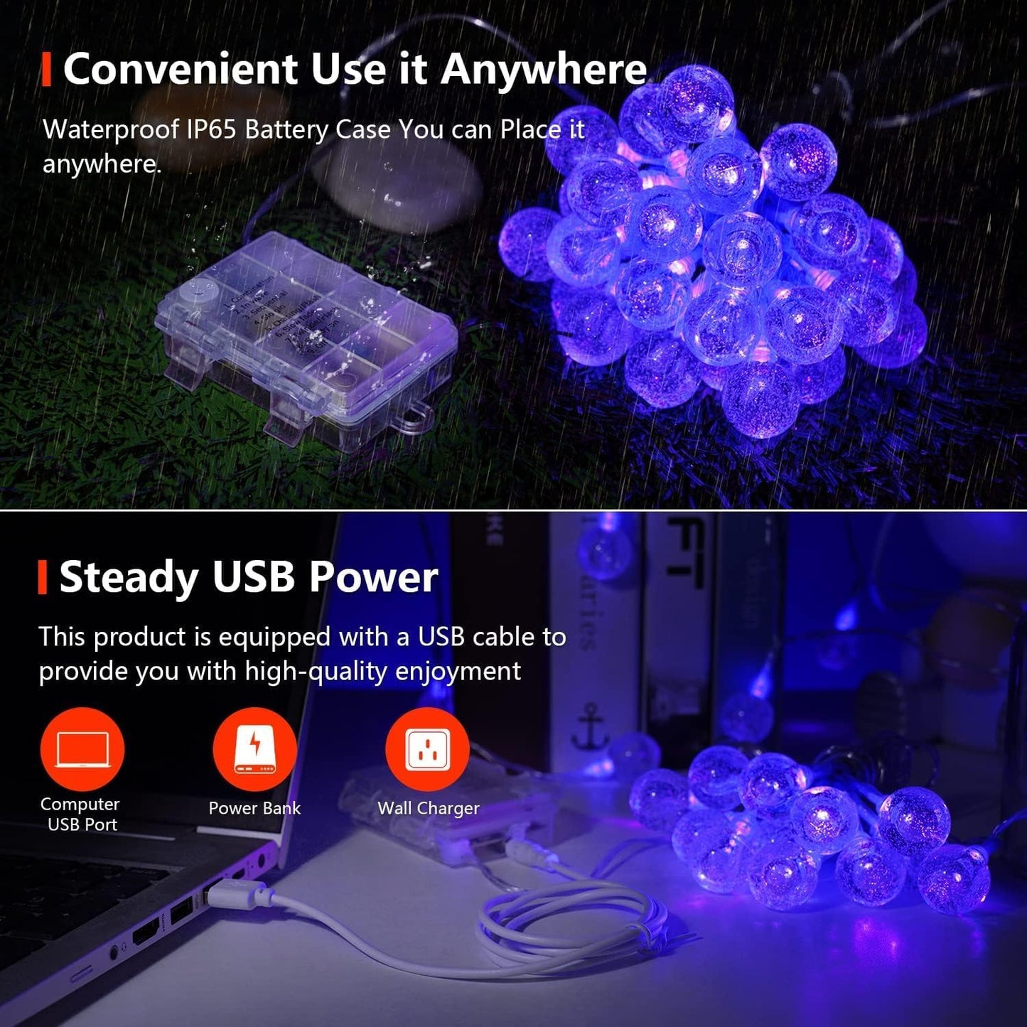 OMIKA Globe Fairy Lights - 15Ft 30LED Battery Operated UV Black String Lights | Waterproof Indoor/Outdoor Decor