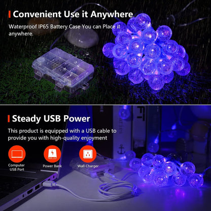OMIKA Globe Fairy Lights - 15Ft 30LED Battery Operated UV Black String Lights | Waterproof Indoor/Outdoor Decor