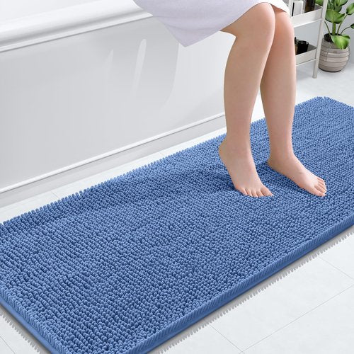 OLANLY Bathroom Rugs 59x24, Extra Soft Absorbent Chenille Bath Rugs, Rubber Backing Quick Dry, Machine Washable Bath Mats for Bathroom Floor, Tub and Shower, Home Decor Accessories, Cornflower Blue