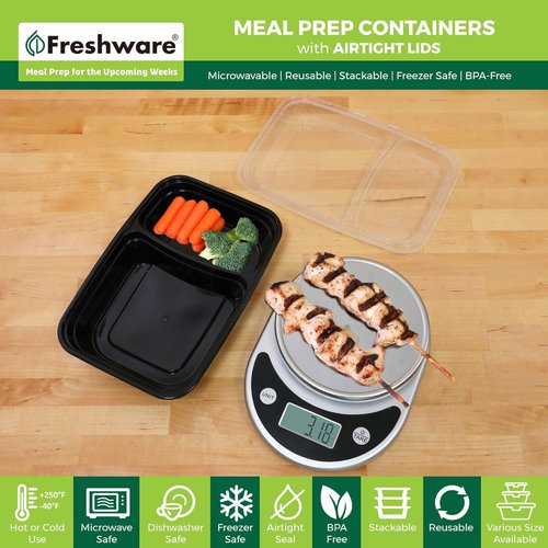 Freshware Meal Prep Containers - 15 Pack 2-Compartment Food Storage Bento Boxes | BPA-Free, Stackable, 28 oz, Black