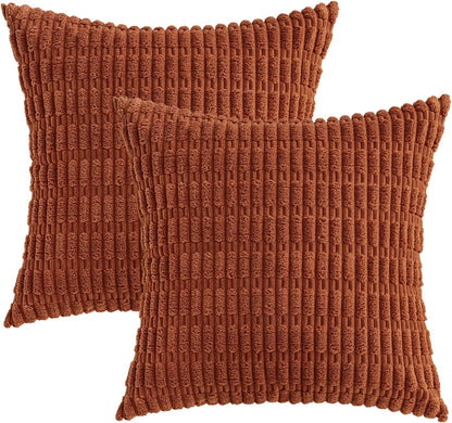 MIULEE Decorative Pillow Covers - Pack of 2 Soft Dark Rust Corduroy | 18x18 Inch Boho Striped Design for Modern Farmhouse Decor