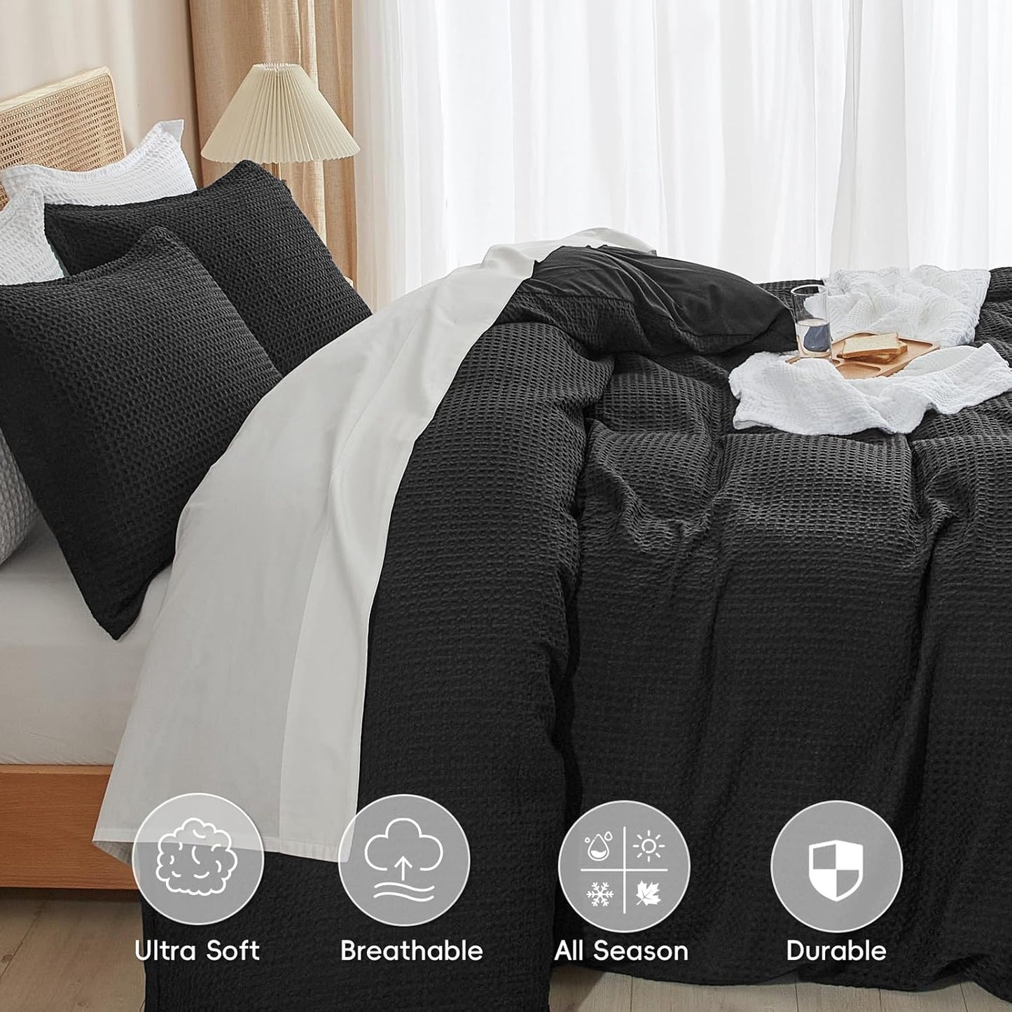 PHF Waffle Weave Duvet Cover Set - Ultra Soft Luxury Twin/Twin XL Bedding | 2-Piece Black Set with Pillow Sham