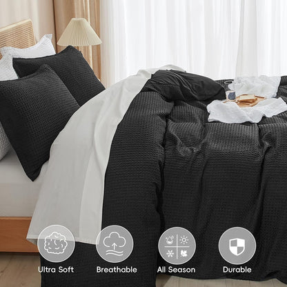 PHF Waffle Weave Duvet Cover Set - Ultra Soft Luxury Twin/Twin XL Bedding | 2-Piece Black Set with Pillow Sham