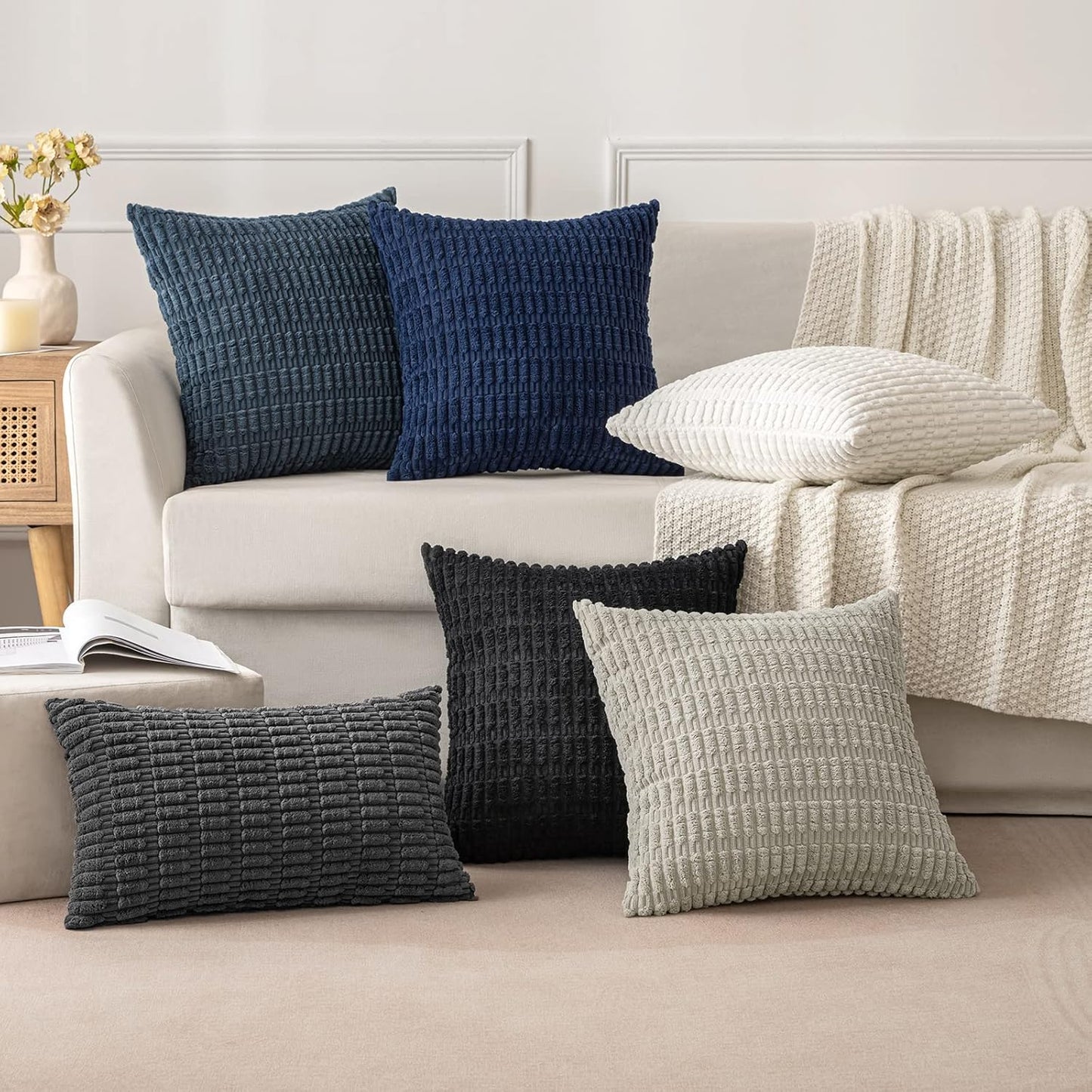 MIULEE Corduroy Decorative Lumbar Throw Pillow Covers - Soft Boho Striped Design, 20x12 Inch, Dark Blue for Modern Farmhouse Decor