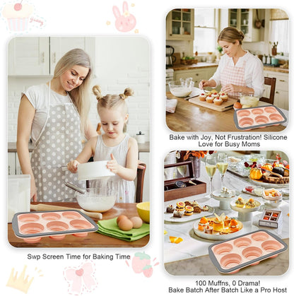 Skiennix Silicone Muffin Pan - 6 Cup Nonstick Baking Molds | BPA-Free, Easy to Clean, Pink