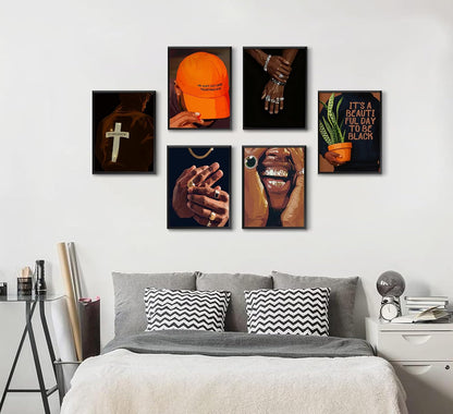 Skiennix 6-Piece Black Man Canvas Wall Art - Trendy Luxury Street Paintings for Home Decor