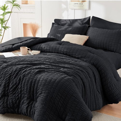 HYMOKEGE Queen Comforter Set - Black Oversized Seersucker 7-Piece Luxury Bedding | All-Season Bed in a Bag