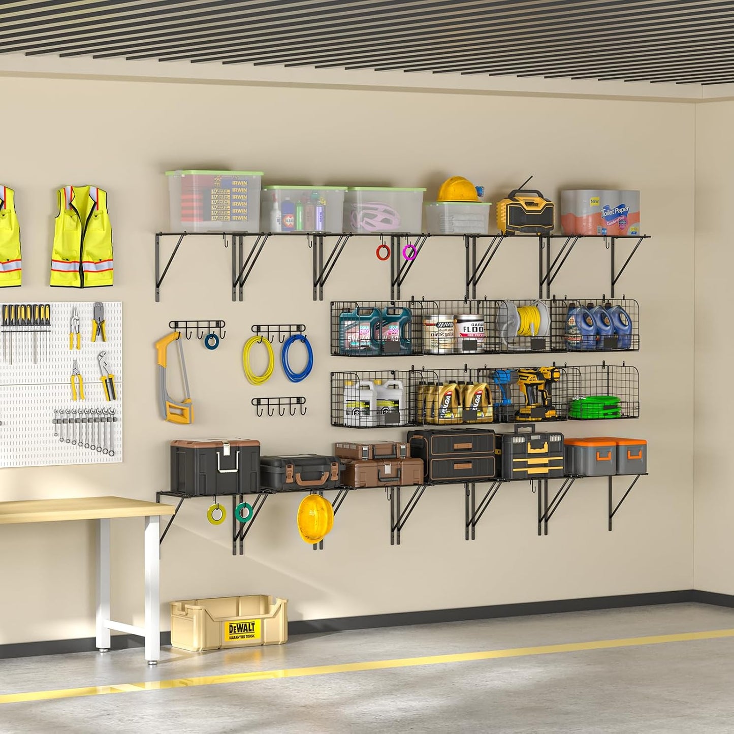 ThreeHio Garage Shelves - Heavy Duty Wall Mounted Storage with Wire Baskets & Hooks | 2 Pack