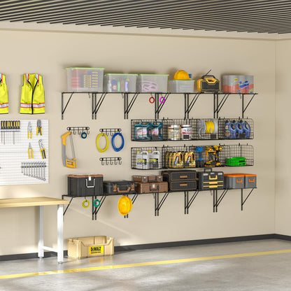 ThreeHio Garage Shelves - Heavy Duty Wall Mounted Storage with Wire Baskets & Hooks | 2 Pack