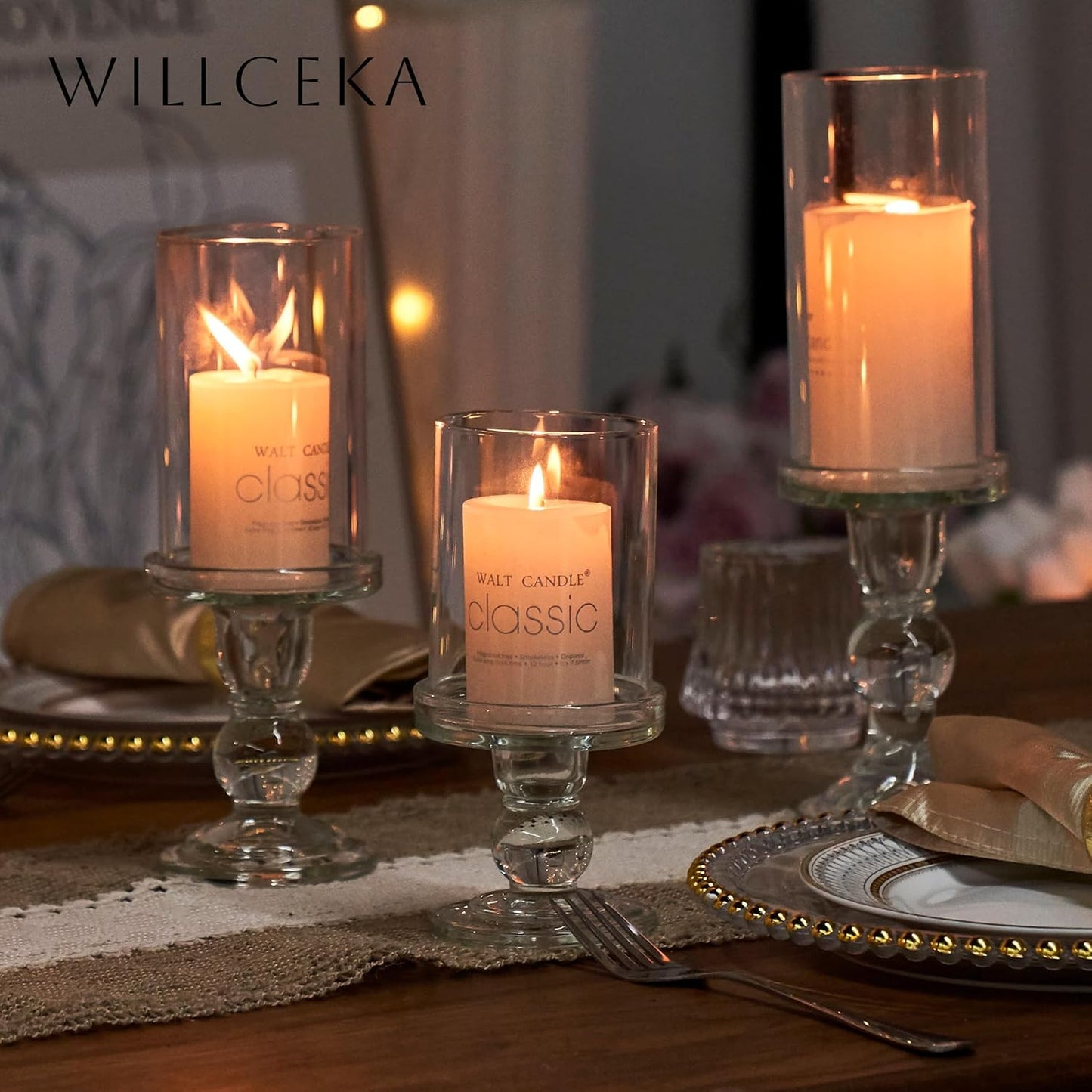 Skiennix Clear Candle Holders - Elegant Glass Pillar Set for Taper Candles | 3 Pieces