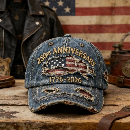 250th Anniversary USA Hat - Ripped Denim Baseball Cap for Men & Women | Celebrate America's Milestone