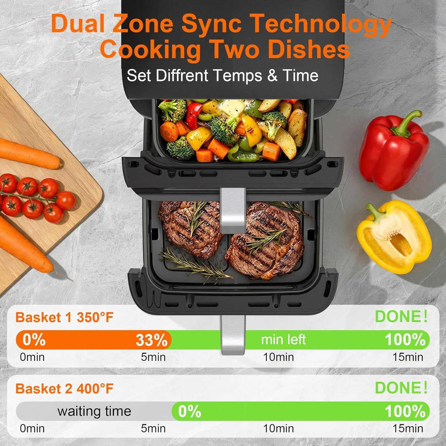 Skiennix 13QT Dual-Basket Air Fryer - Compact Vertical Design with Viewing Window & 10-in-1 Presets