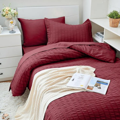 HYMOKEGE Twin XL Comforter Set - Burgundy Seersucker 5-Piece Luxury Bedding Set for All Seasons