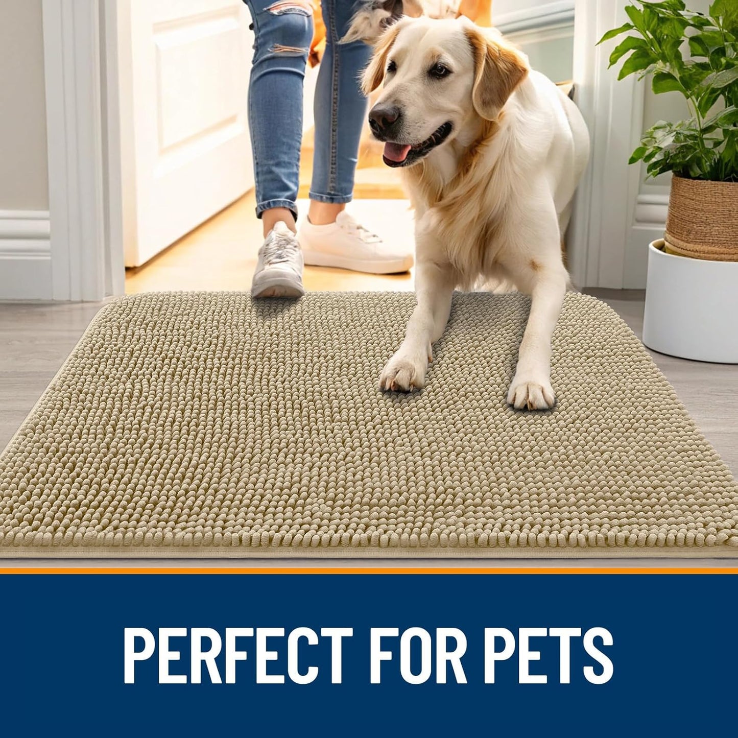 OLANLY Dog Door Mat - Absorbent Non-Slip Chenille for Muddy Paws | 59x24 Inches, Quick Dry, Beige