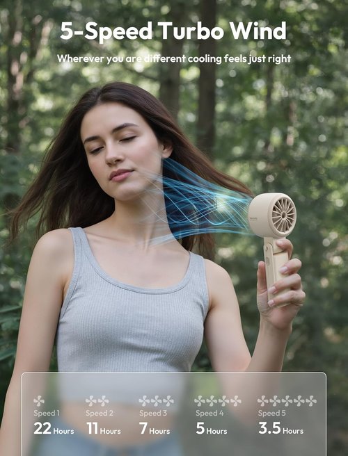 Aecooly Portable 3-in-1 Handheld Fan - USB Rechargeable Mini Fan with 22H Max Cooling Time | Travel-Friendly Beige