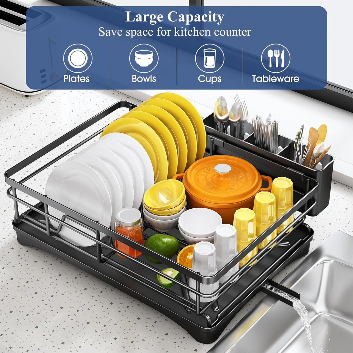 SNTD Dish Drying Rack - Large Rustproof Kitchen Dish Drainer with Drainboard & Utensil Holder | Black