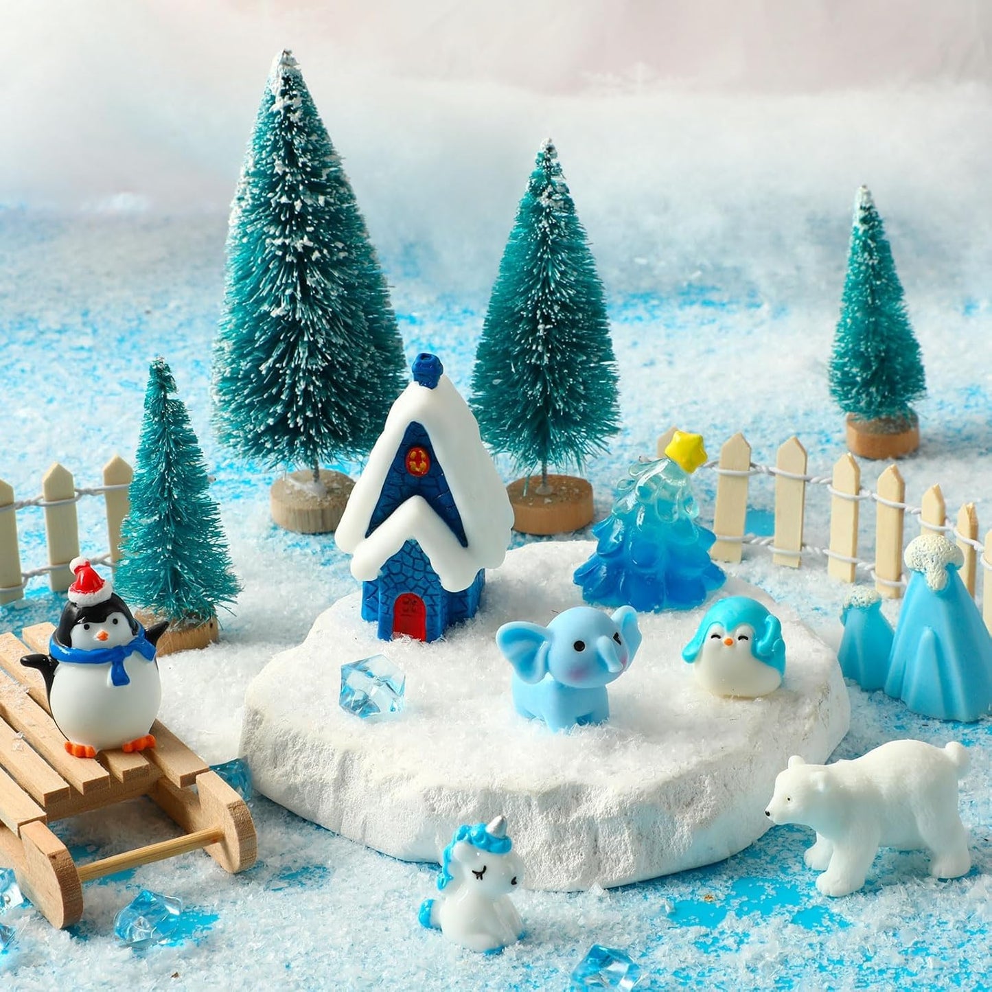 PETKNOWS Miniature Winter Figurines - Blue Ice Cube Ornaments for Christmas Tree & Desktop Decor