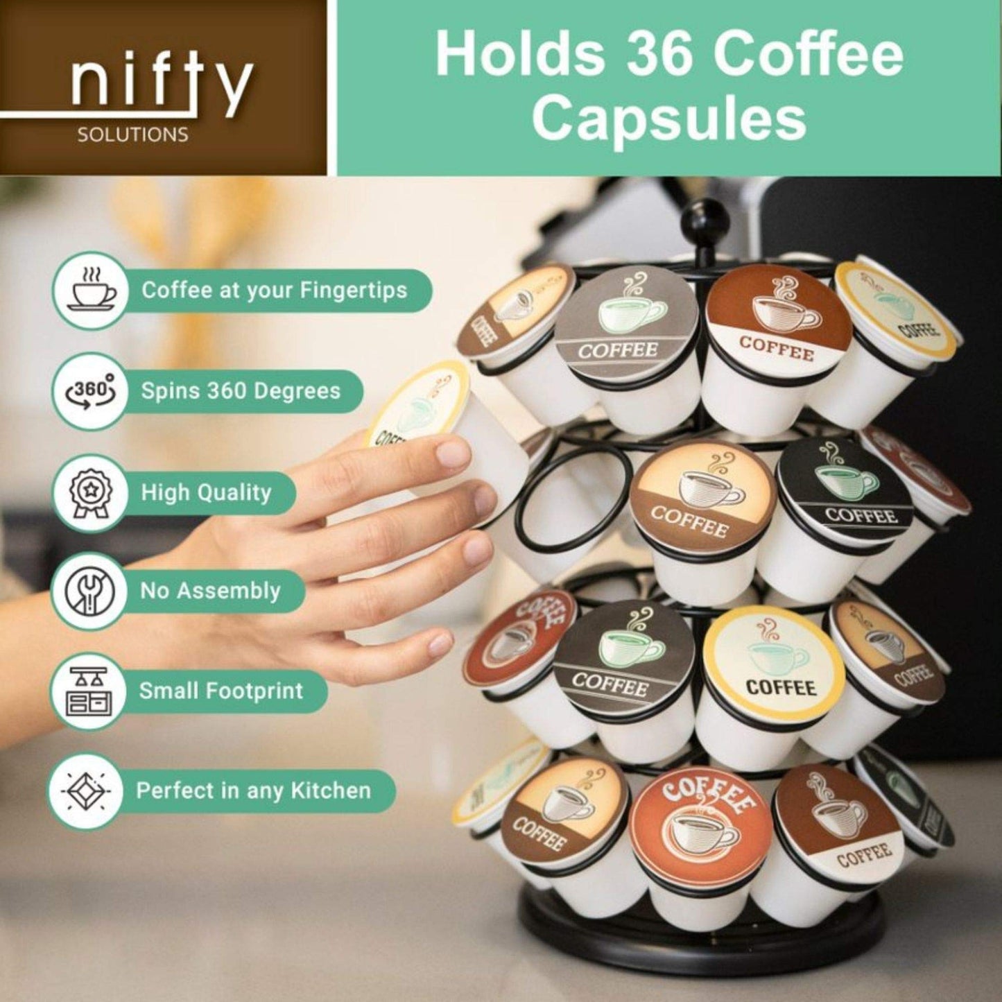 Nifty K Cup Holder – Compatible with K-Cups, Coffee Pod Carousel | 36 K Cup Holder, Spins 360-Degrees, Lazy Susan Platform, Modern Black Design, Home or Office Kitchen Counter Organizer