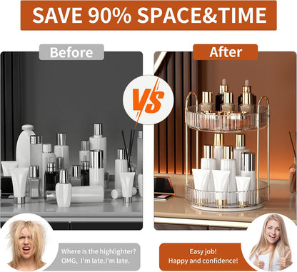 YCIA&DONE 360 Rotating Makeup Organizer - High Capacity Cosmetic & Skincare Storage | Clear White, 2 Tiers