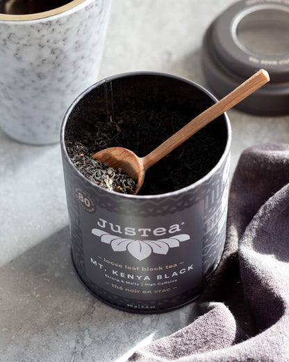 JusTea MT. KENYA BLACK | Loose Leaf Black Tea | Tin with Hand Carved Tea Spoon | 40+ Cups (3.2oz) | High Caffeine | Award-Winning | Fair Trade | Non-GMO